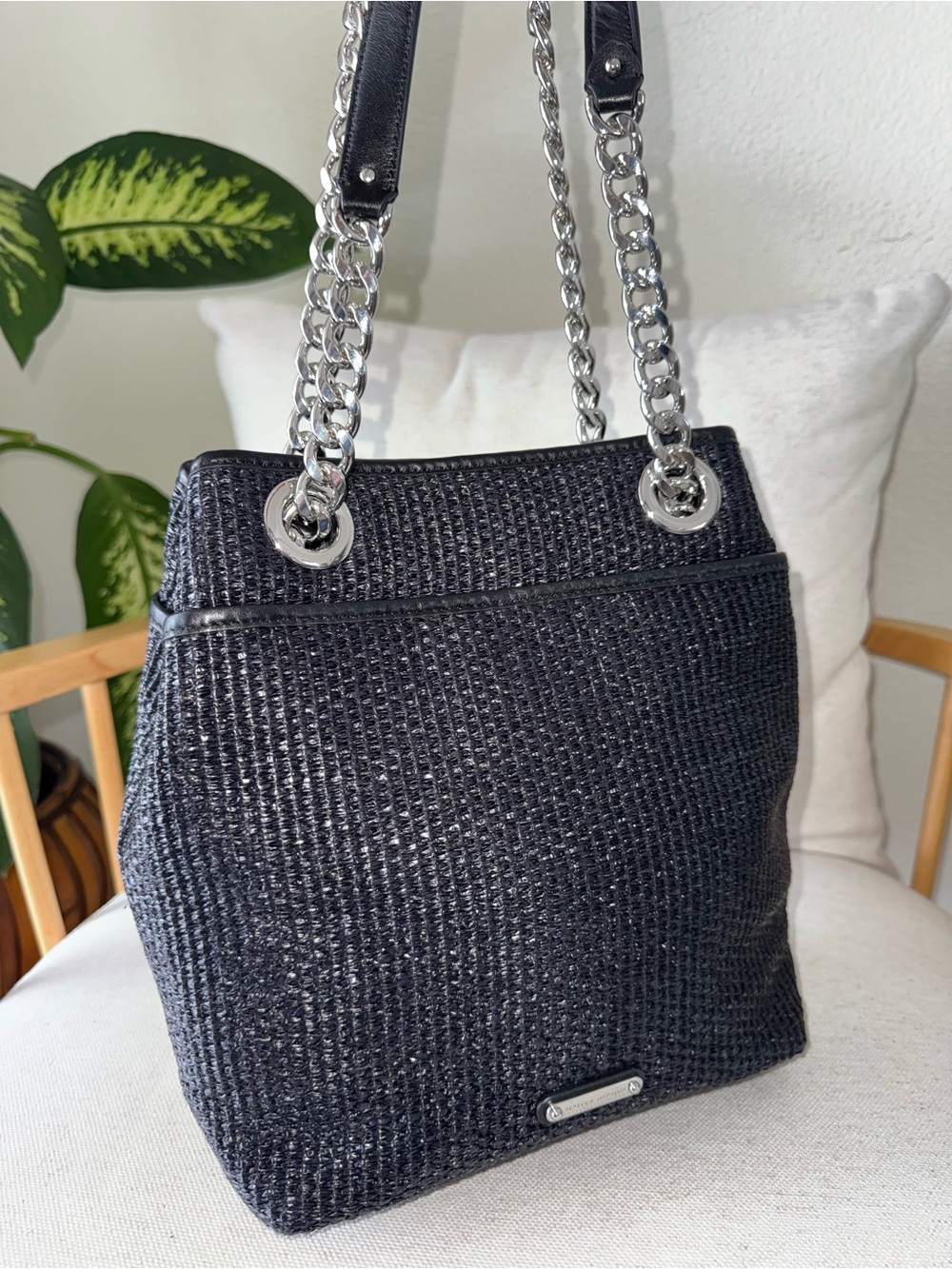 NWT Rebecca Minkoff Edie Large Black Woven Straw Bucket Shoulder Bag Purse New - Picture 8 of 17